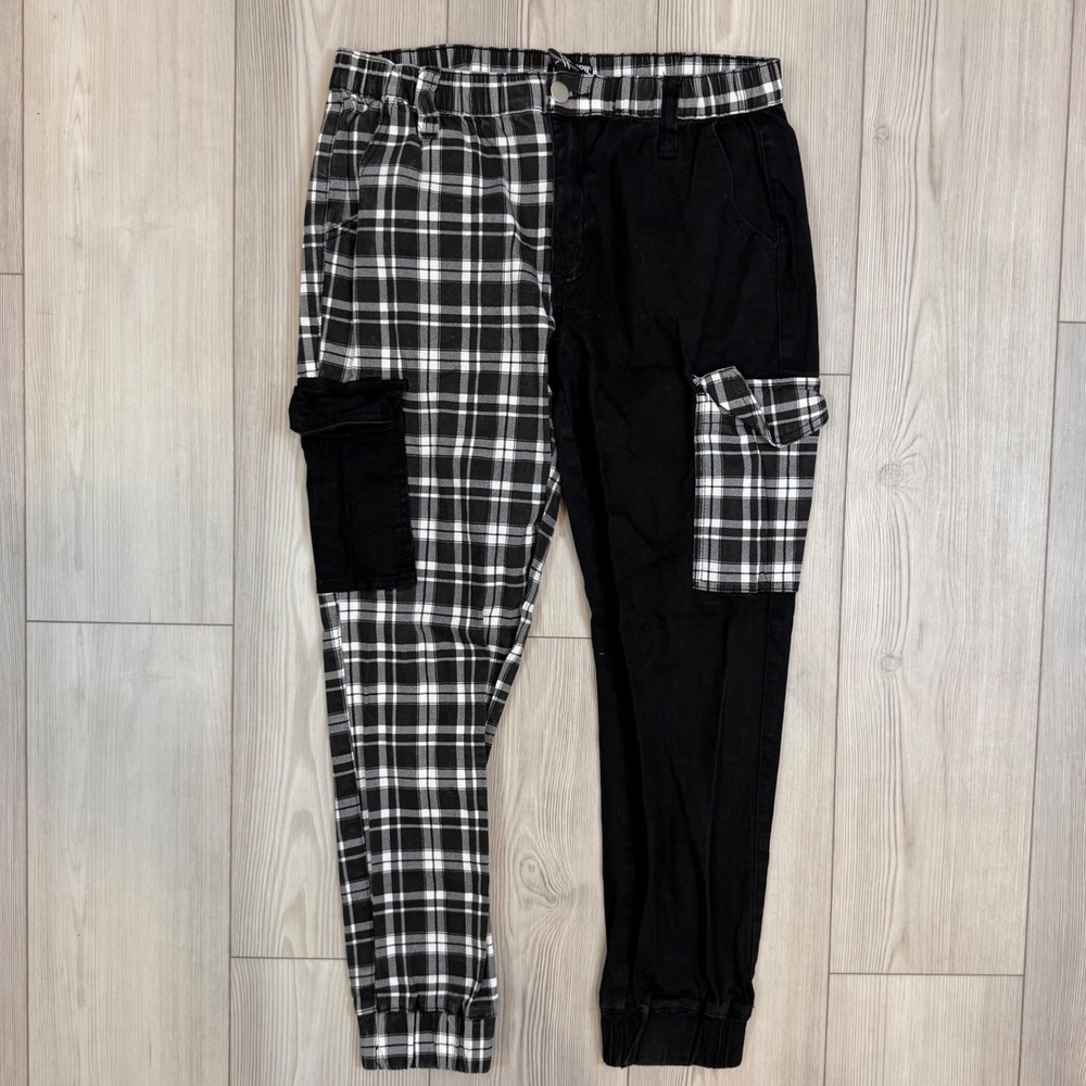 Hot Topic Split Leg Cargo Jogger Pants Black White Plaid Emo Grunge Women Large